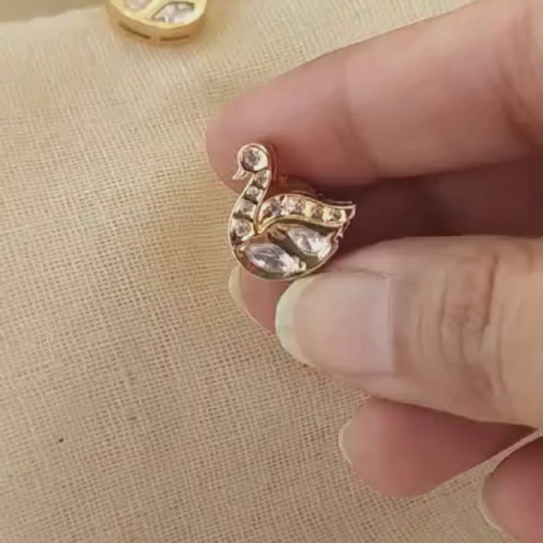 Handmade brass swan Kundan studs with 18k gold rhodium finish and Kundan stone