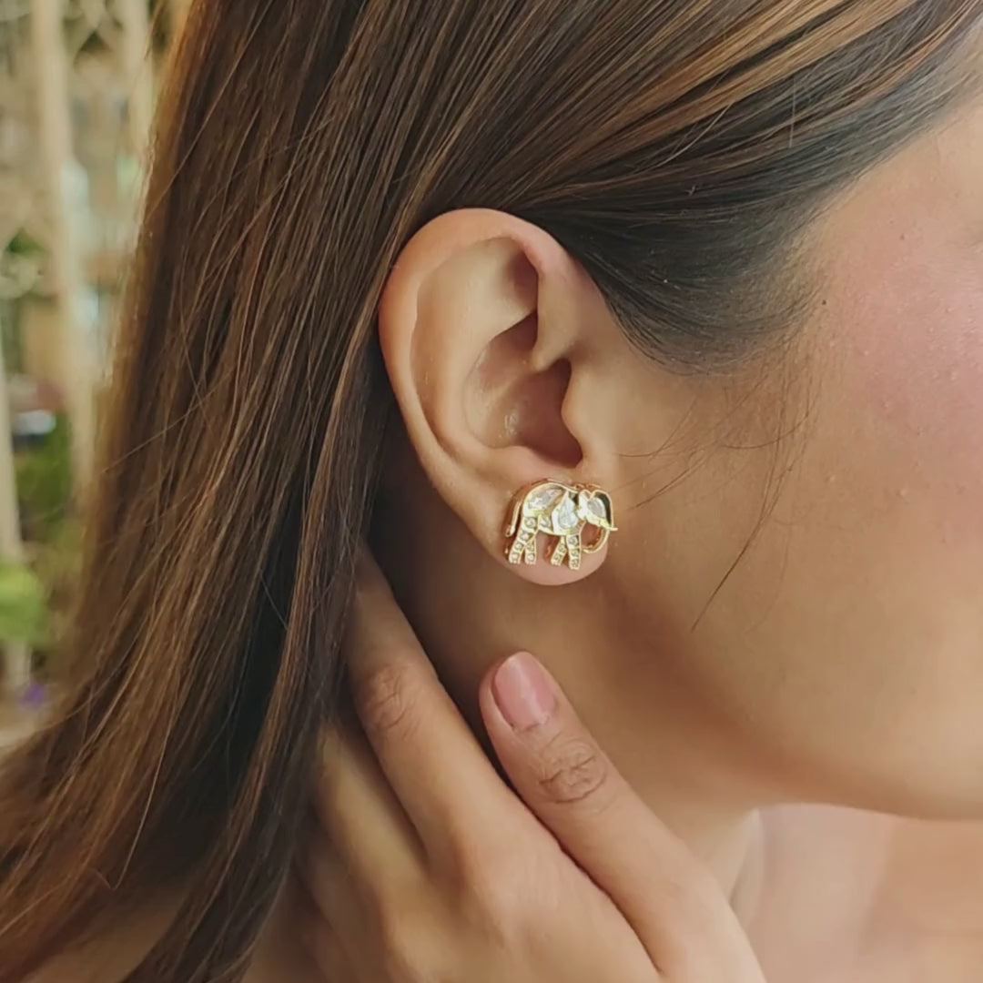 Handmade brass elephant Kundan studs with 18k gold rhodium finish and Kundan stone
