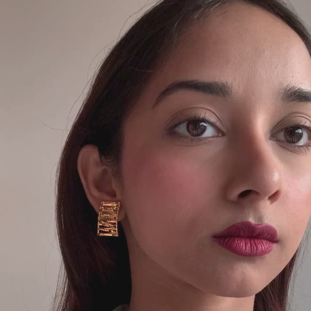 Rectangular textured vine studs, handcrafted in brass with 18K gold finish