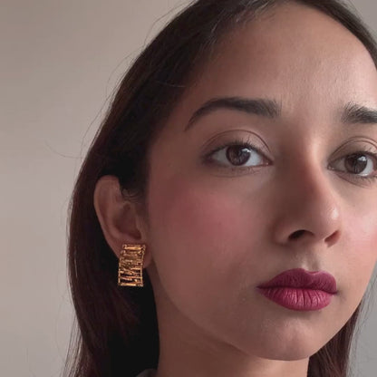 Rectangular textured vine studs, handcrafted in brass with 18K gold finish