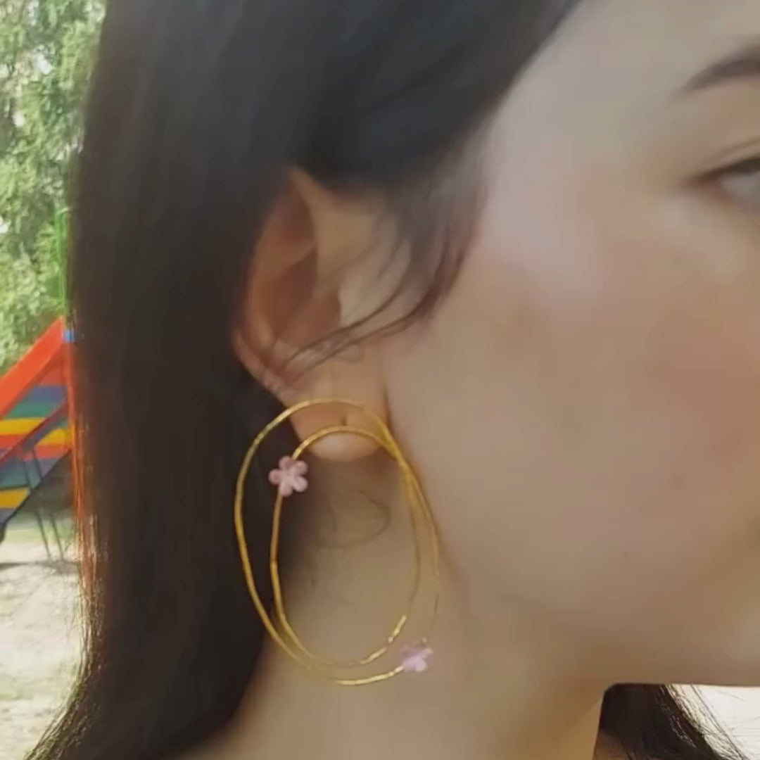 Brass oval shape pink flower earrings with pink enamel and 18K rhodium gold plating