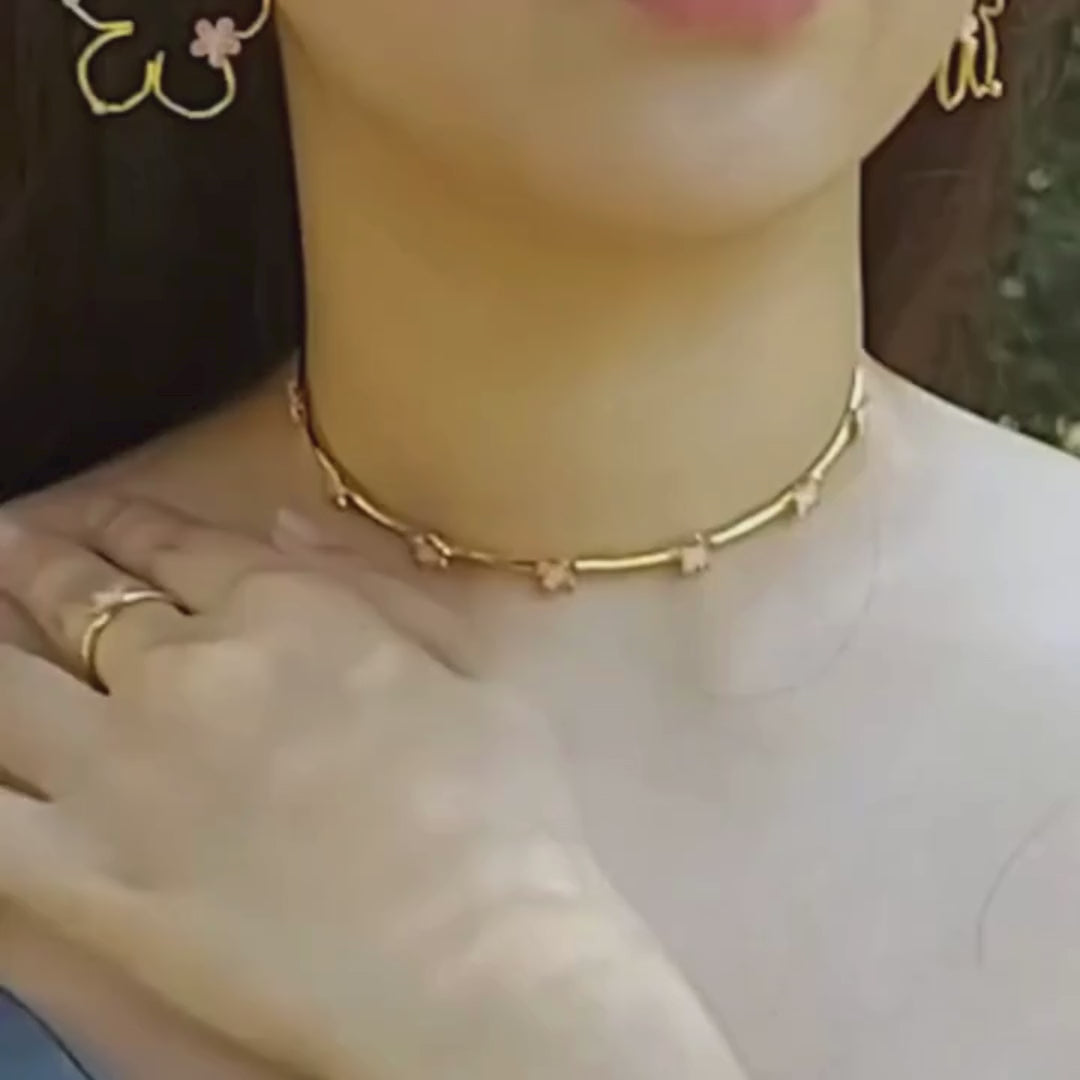 Brass pink flower choker with pink enamel and 18K rhodium gold plating