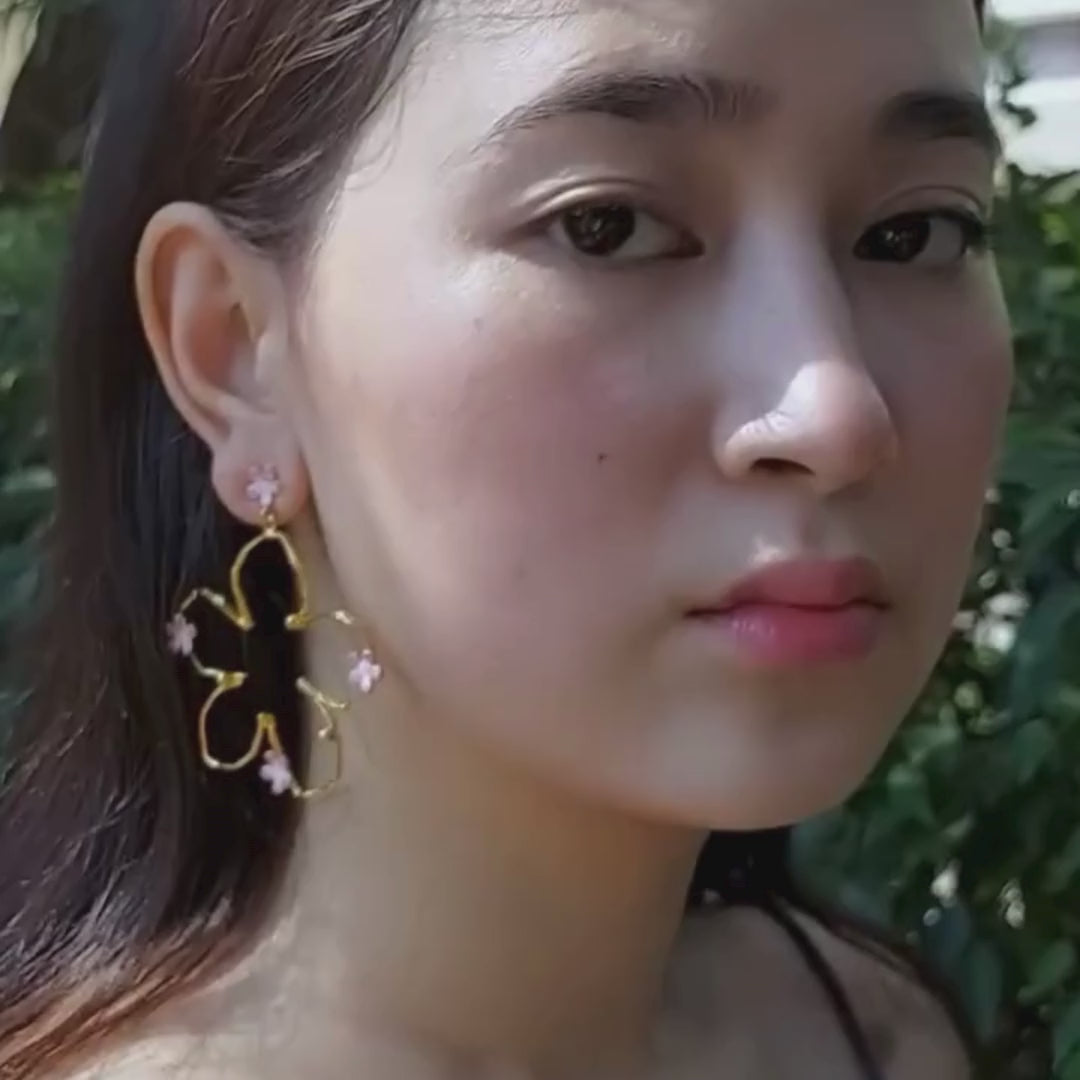 Brass pink flower bloom big earrings with pink enamel and 18K rhodium gold plating