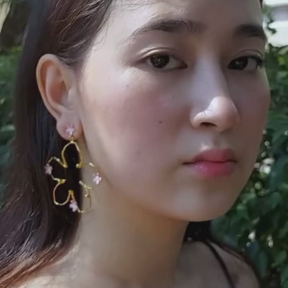 Brass pink flower bloom big earrings with pink enamel and 18K rhodium gold plating