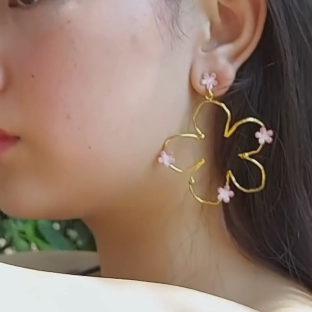 Brass pink flower bloom big earrings with pink enamel and 18K rhodium gold plating