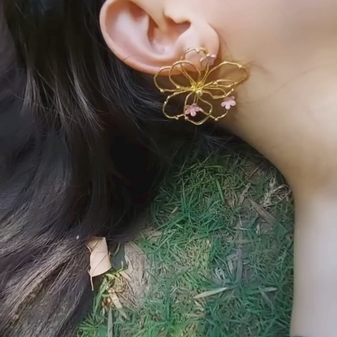 Brass layered pink floral earrings with pink enamel and 18K rhodium gold plating