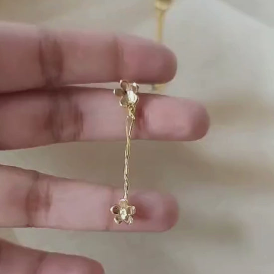 Brass floral earrings with 18K rhodium gold plating, twin blossoms and gentle sway