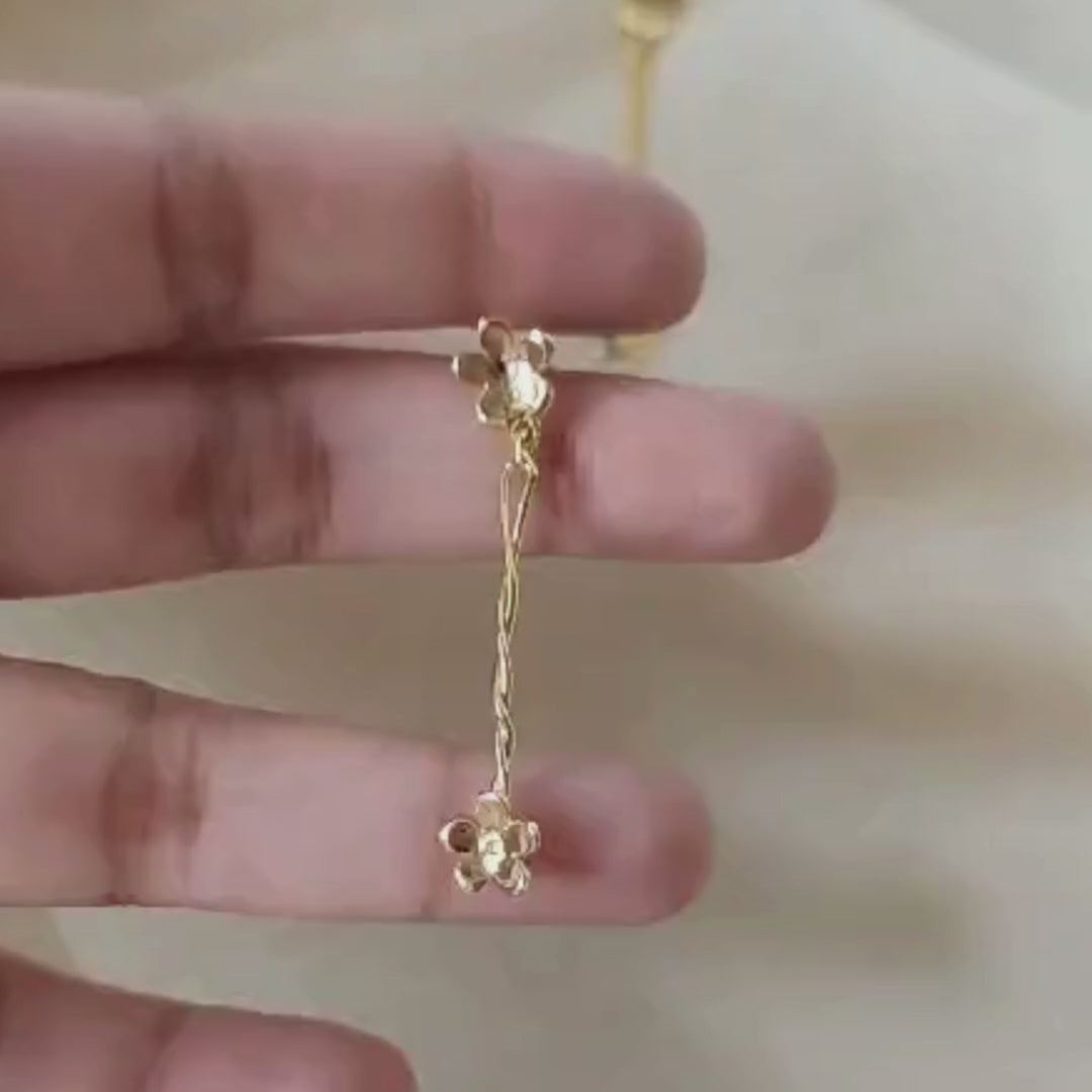 Brass floral earrings with 18K rhodium gold plating, twin blossoms and gentle sway