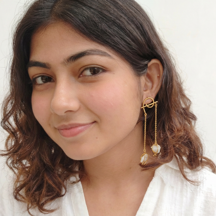 Customer wearing handmade semi-precious white druzy stone dangler earrings in a contemporary gold finish