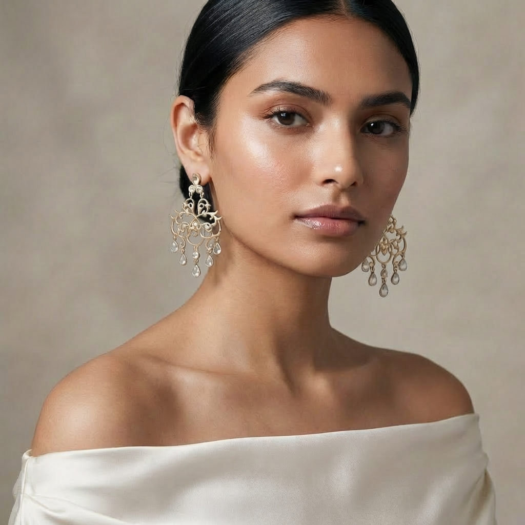 Woman wearing intricate gold earrings with kundan drops